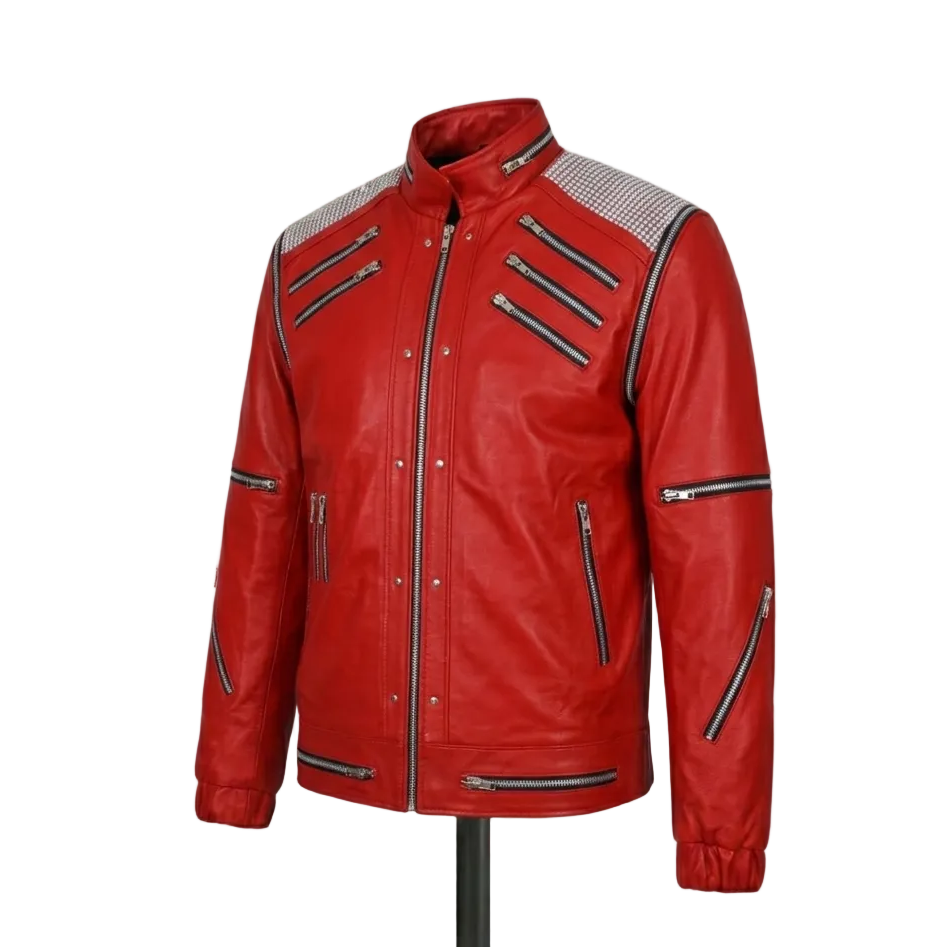 MJ BEAT IT Red leather jacket with silver zippers on a white background