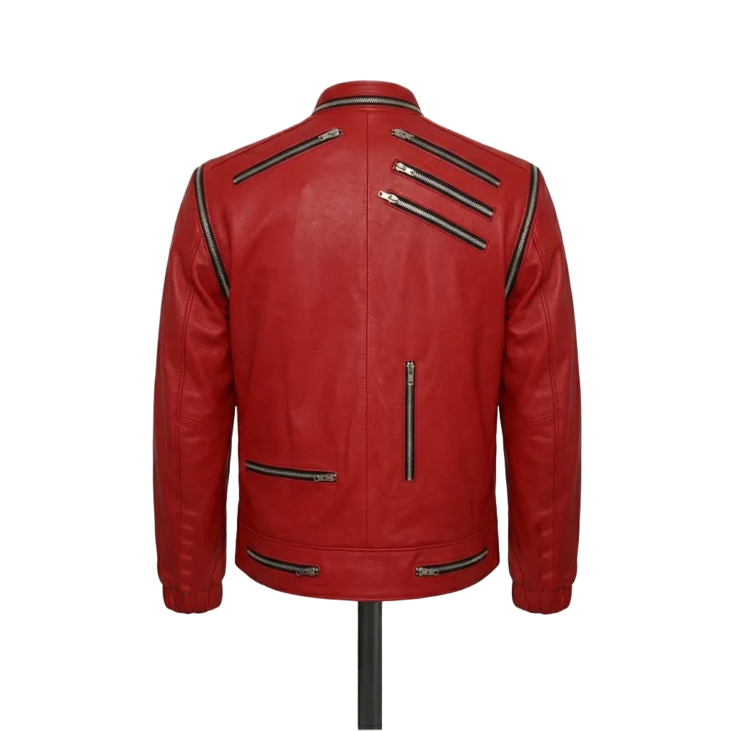 MJ 'beat it' Red leather jacket with zippers on a textured white background