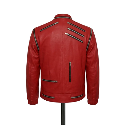 MJ 'beat it' Red leather jacket with zippers on a textured white background