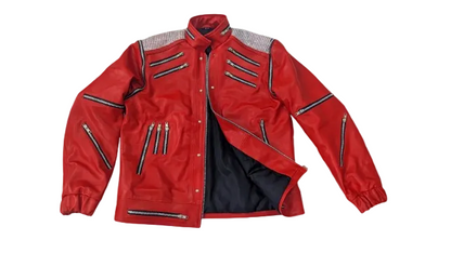 MJ BEAT IT Red leather jacket with zippers on a white background
