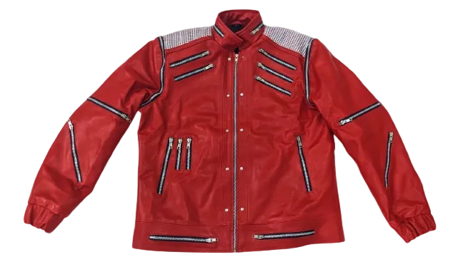 MJ BEAT IT Red jacket with zippers on flat surface
