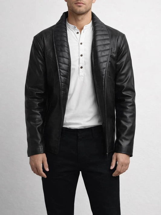 Man wearing a black leather Michael Jackson Billie jean Jacket over a white shirt on a light gray background