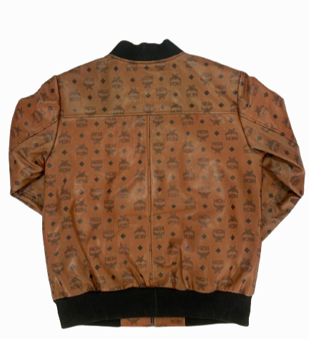 Mcm print designer inspired brown bomber jacket for men. Brown classic aviator style bomber leather jacket for men. custom size and custom designing available.