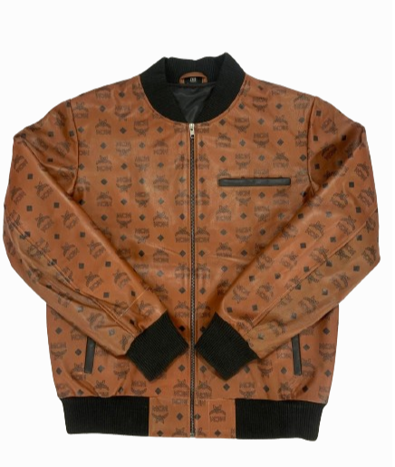 Mcm print designer inspired brown bomber jacket for men. Brown classic aviator style bomber leather jacket for men. custom size and custom designing available.