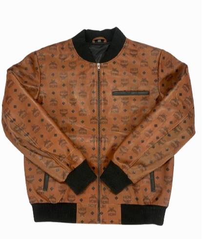 Mcm print designer inspired brown bomber jacket for men. Brown classic aviator style bomber leather jacket for men. custom size and custom designing available.