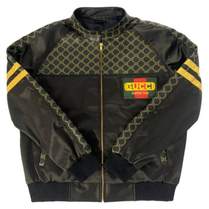 Black Bomber Leather Jacket with GG patterned accents and Gucci logo on a white background