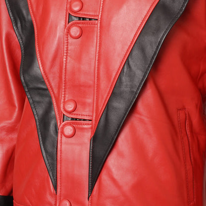 Handmade 80s-inspired Michael Jackson red leather jacket for men. Close up showing the buttons and texture of the leather