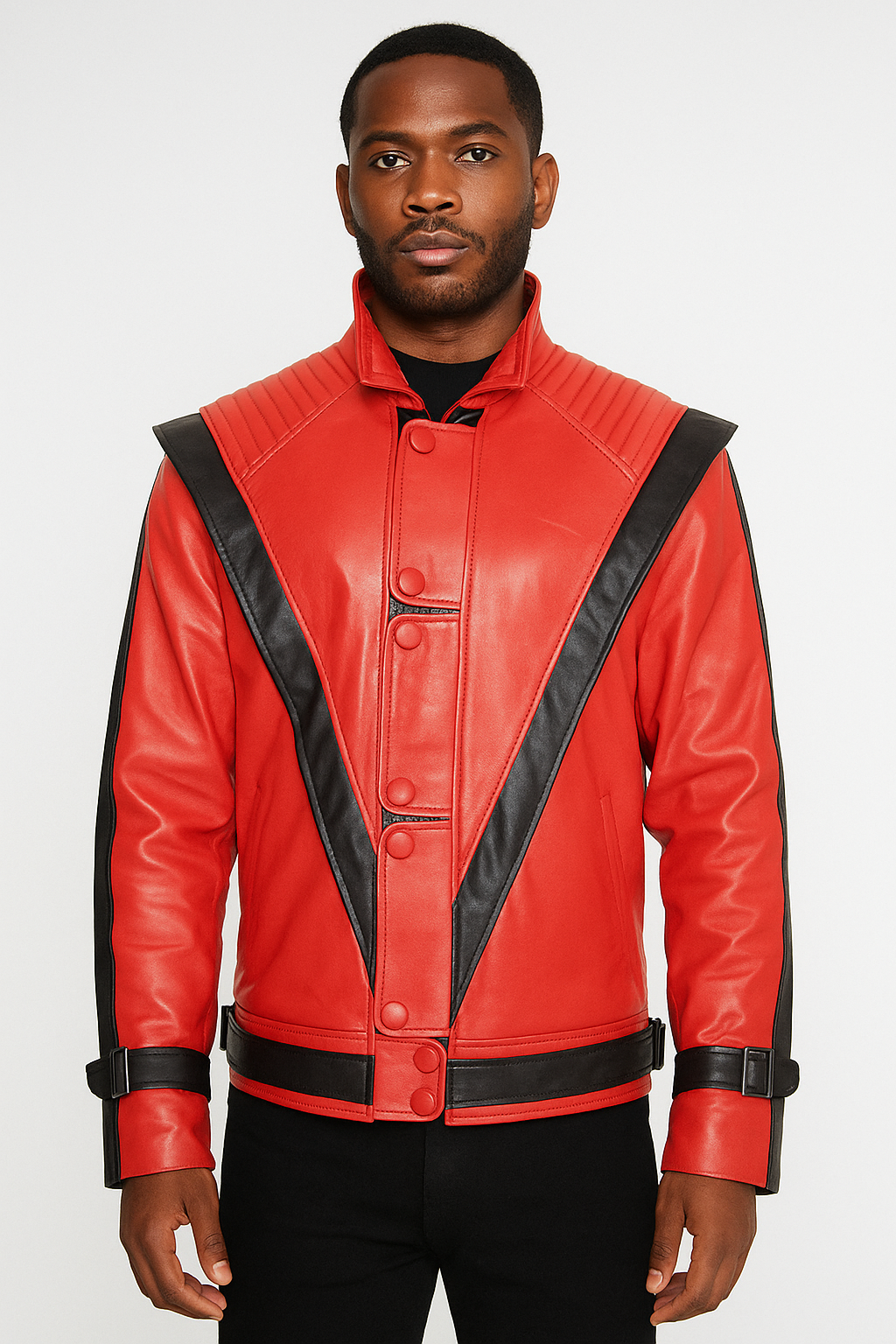 Handmade 80s-inspired Michael Jackson red leather jacket for men. Black American model wearing the jacket with black jeans, light gray background.