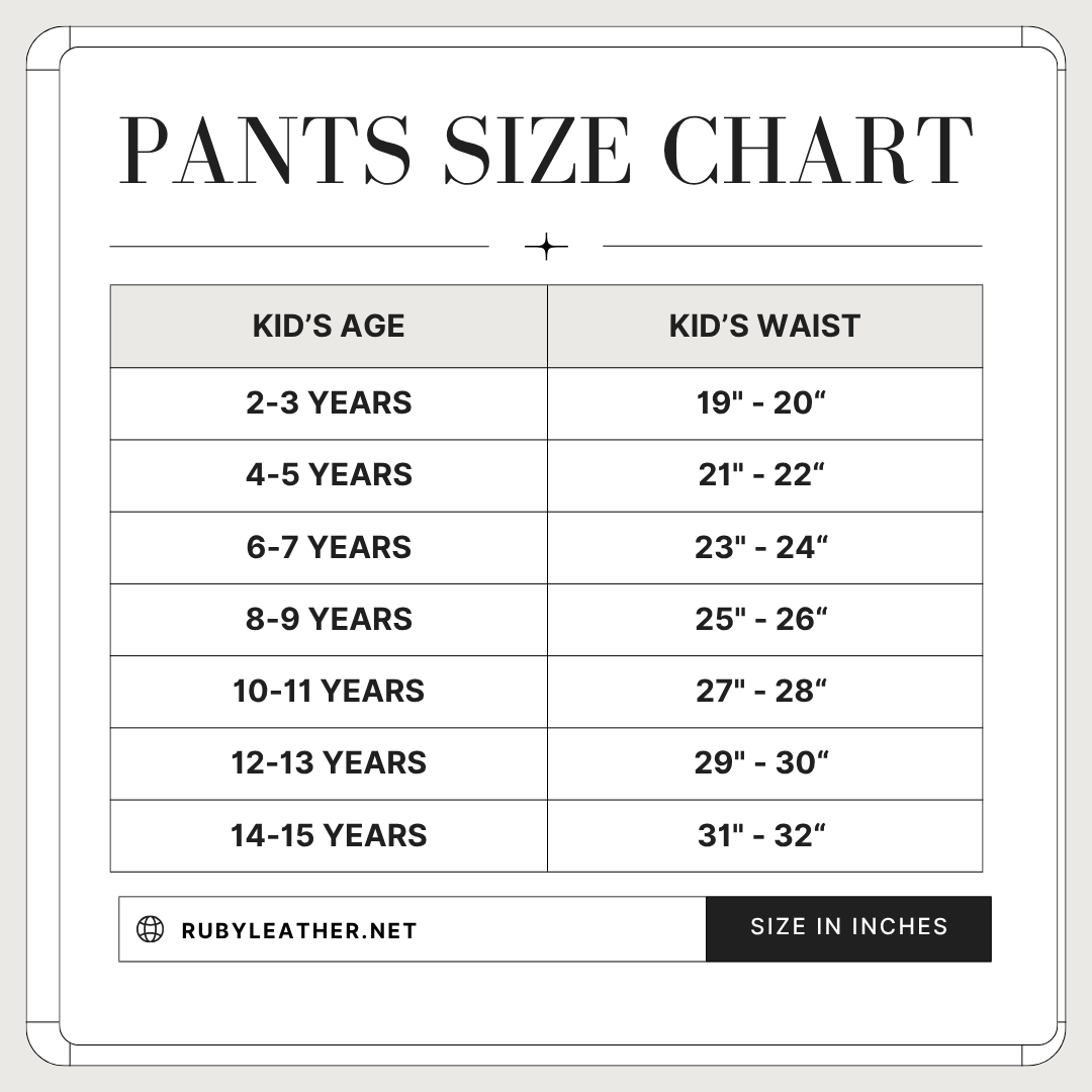 Pants size chart for kids with age and waist measurements on a white background