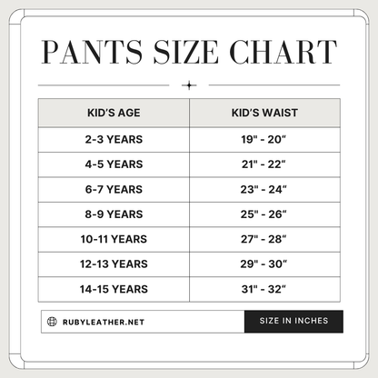 Pants size chart for kids with age and waist measurements on a white background