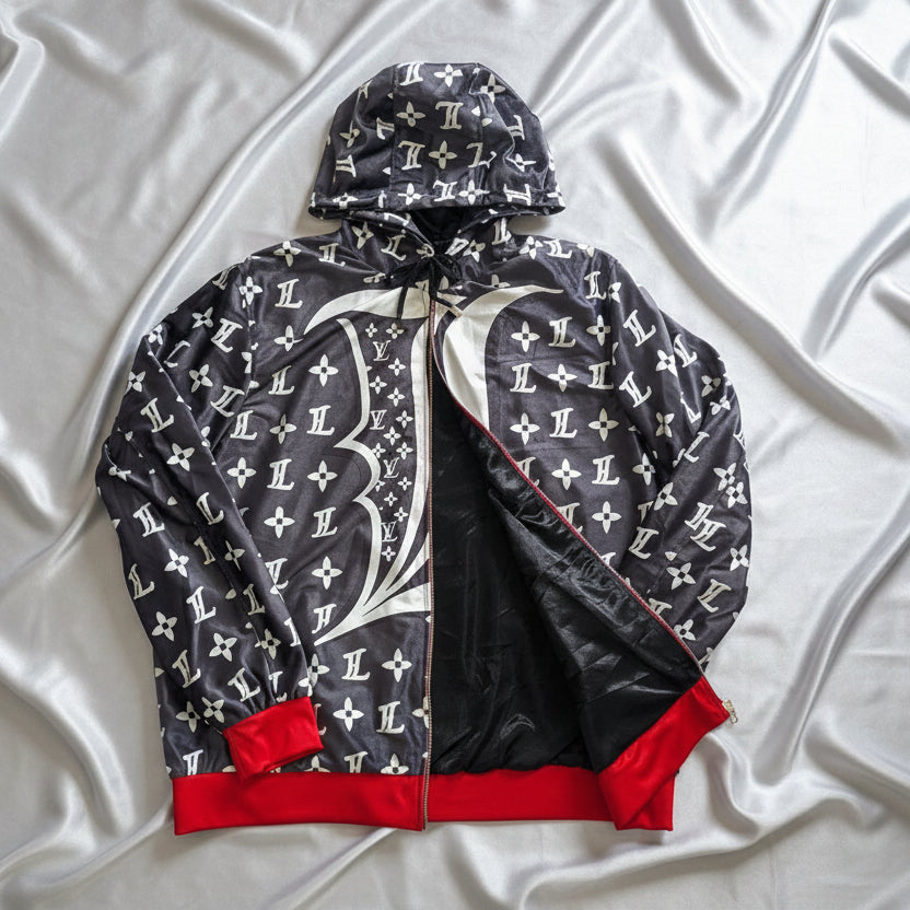 Charcoal Grey Hoodie with LV pattern on a white background and red trims