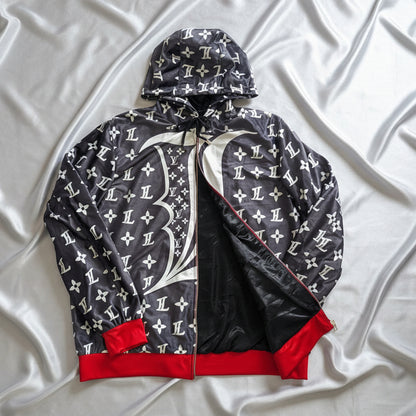 Charcoal Grey Hoodie with LV pattern on a white background and red trims