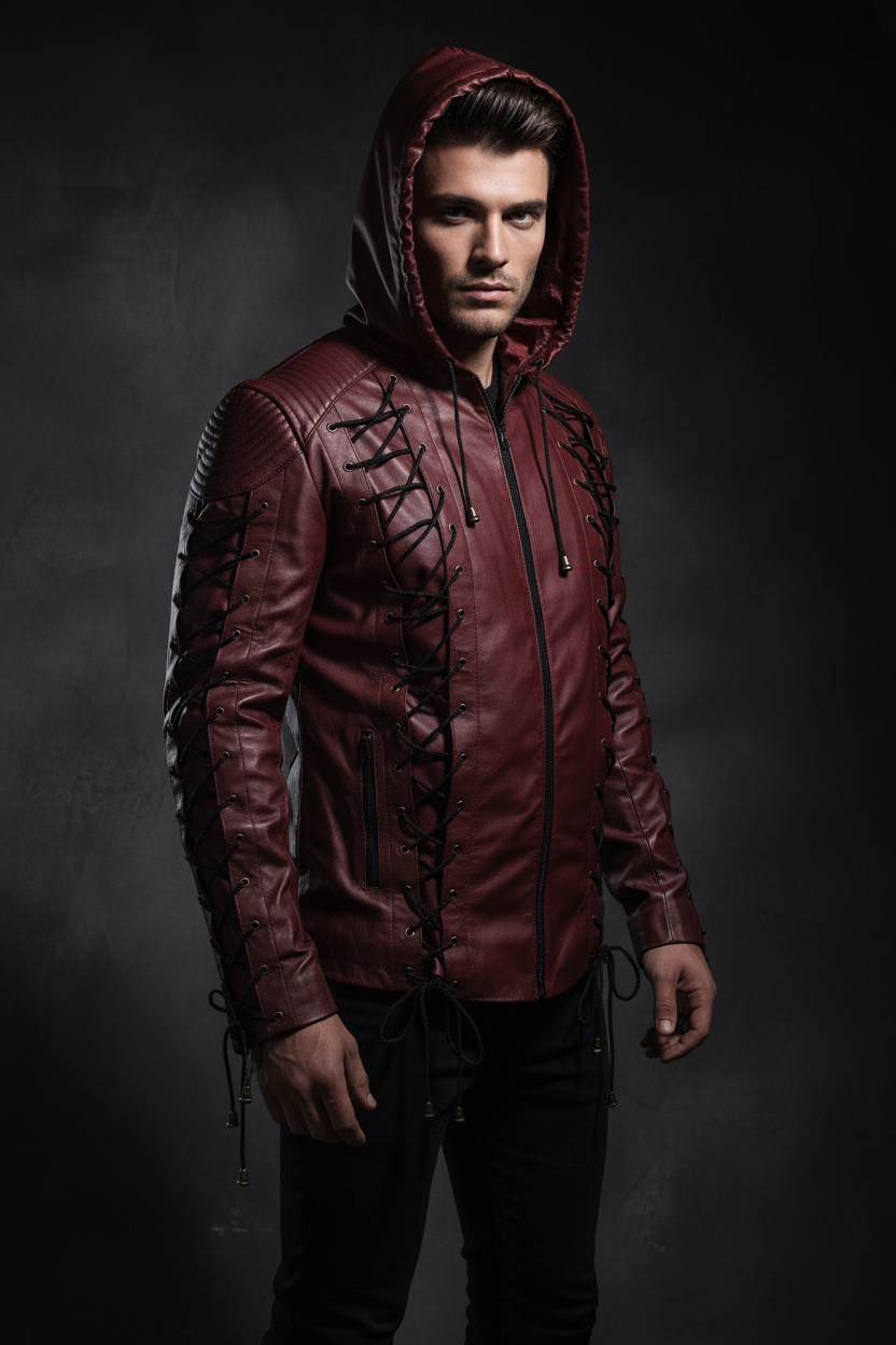 a man wearing a luxury full grain premium leather jacket, standing against a dark gray textured wall.