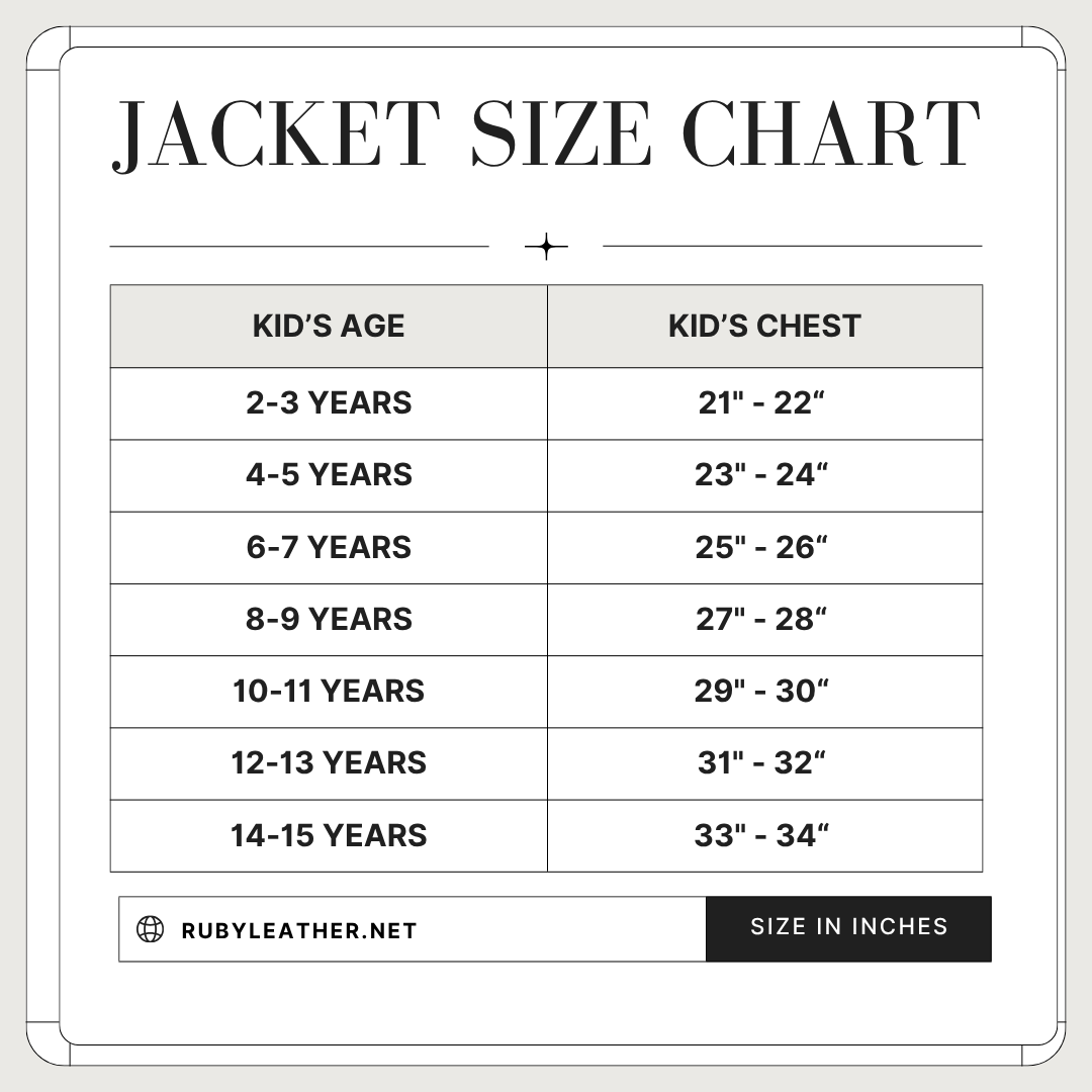 Jacket size chart for kids with age and chest measurements on a white background