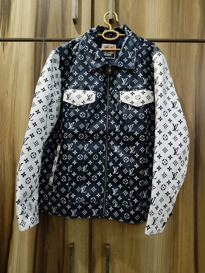 Blue n white Designer-inspired trucker style Leather jacket