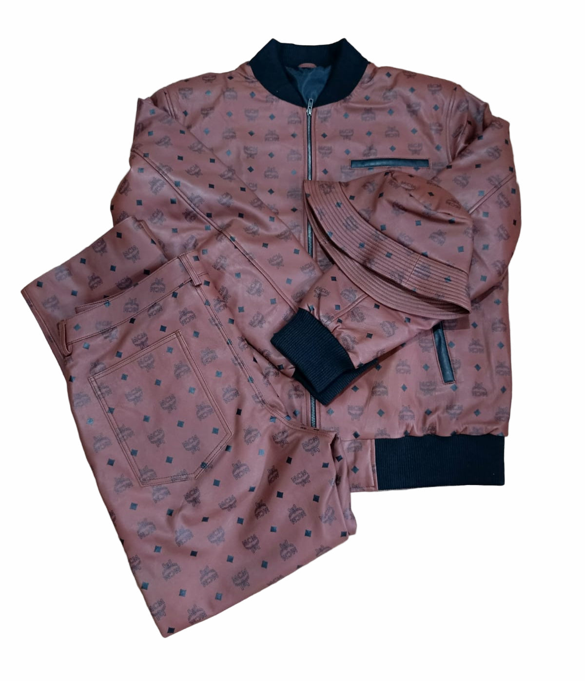 Men’s Brown Designer-Inspired Monogram Leather Bomber Jacket & Pants Set | Handmade Luxury Streetwear