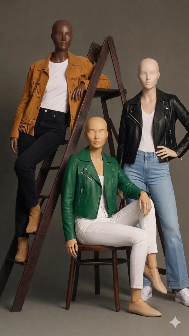 Mannequins dressed in various real leather jackets, a suede fringe jacket and a green perfecto leather jacket and a black women biker jacket with a chair and ladder on a gray background