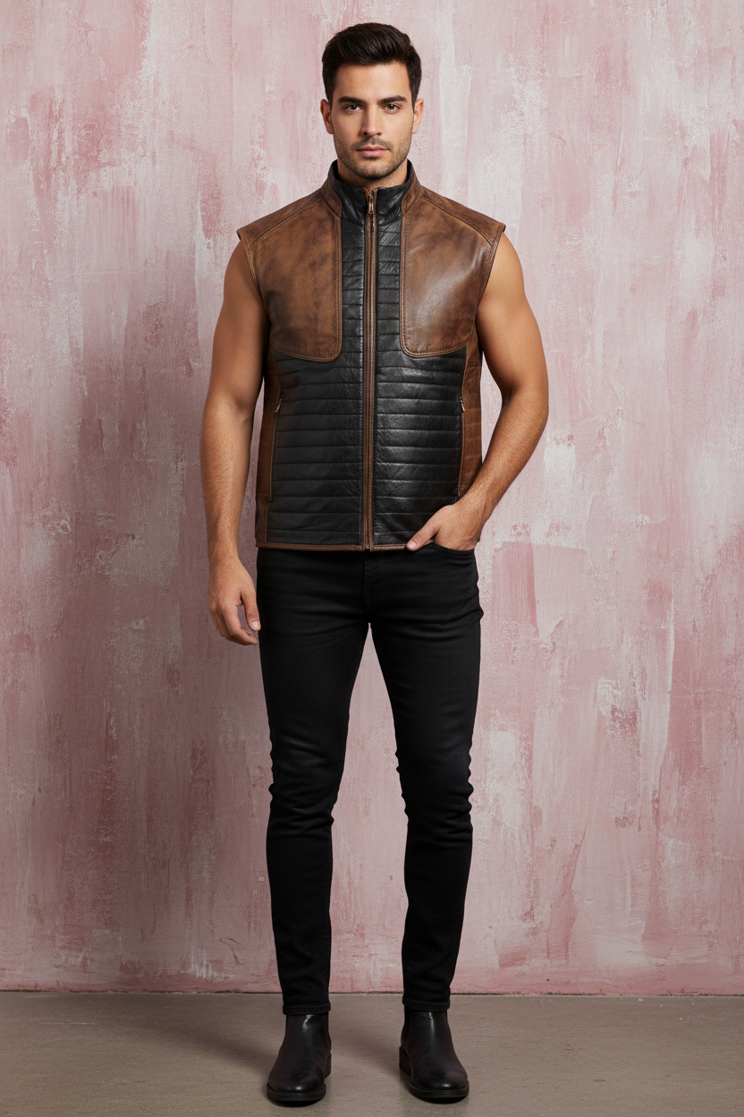 Man wearing a brown leather vest with black pants against a light maroon textured wall.