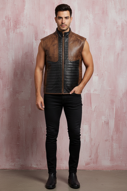 Man wearing a brown leather vest with black pants against a light maroon textured wall.
