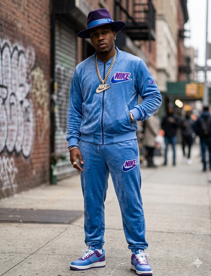 Man wearing a blue Nike tracksuit with a hat on a city street.