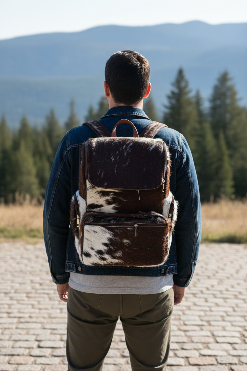 Person wearing a brown and white cowhide backpack with a mountainous landscape in the background