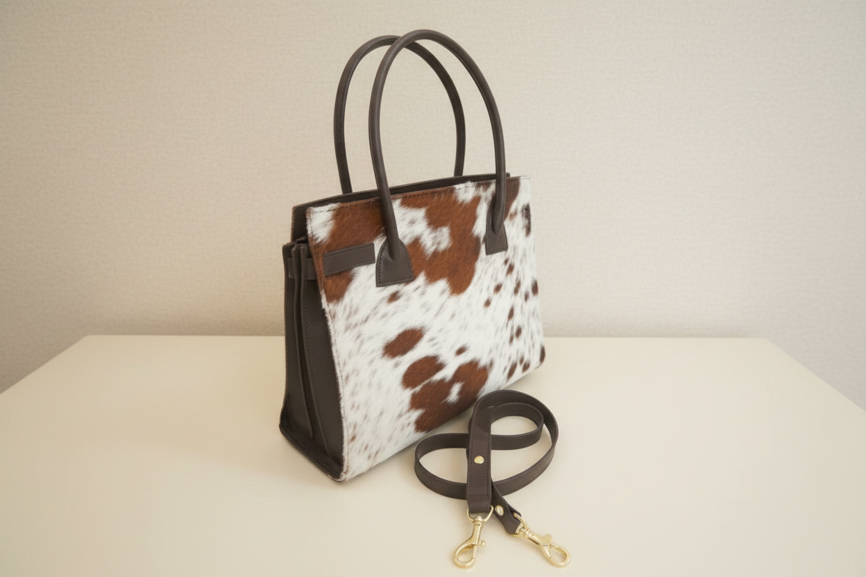 Tote bag with cow print pattern on a white background