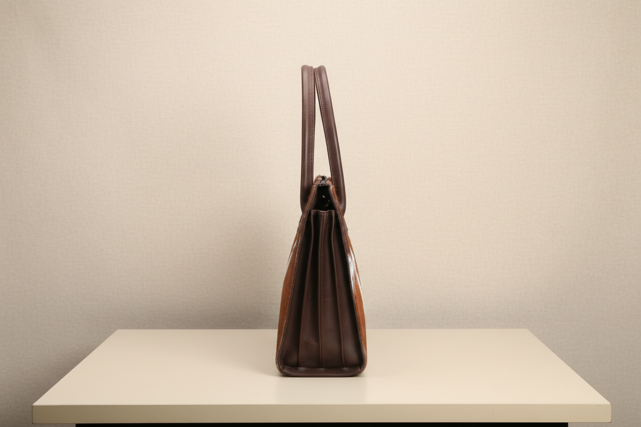 Brown leatehr cowhdie ladies daily handbag with a patterned strap on a white background
