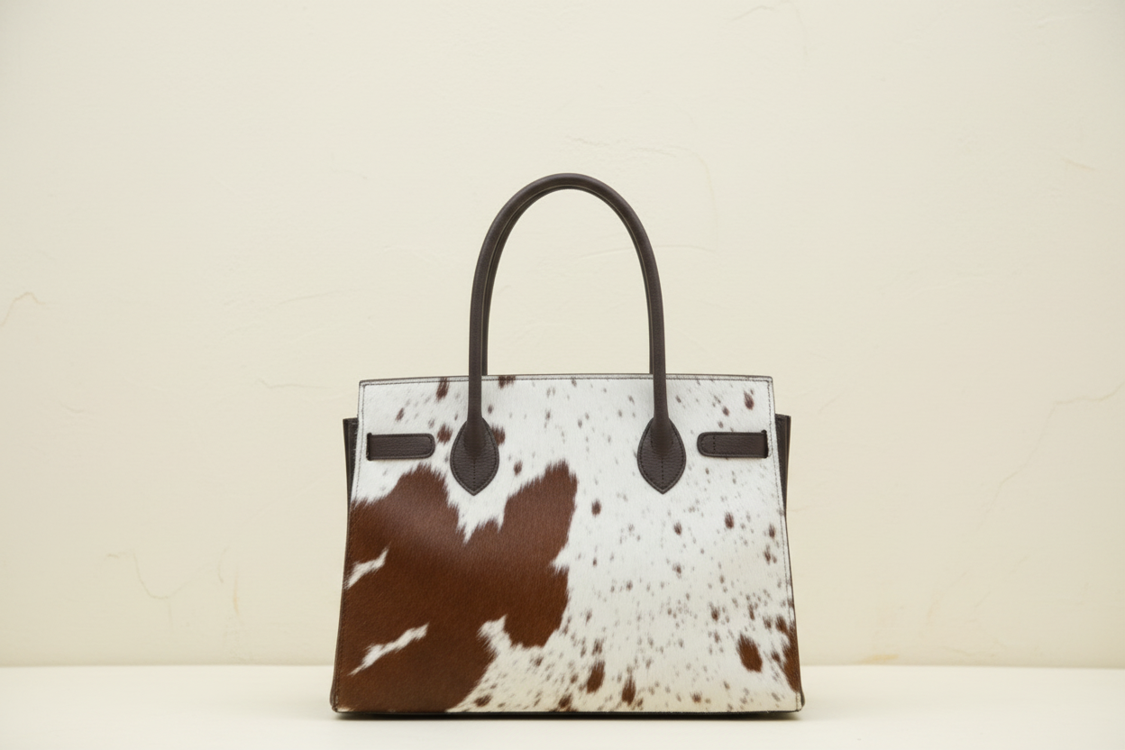 tan cowhide leather women Tote bag with cow print pattern on a white background