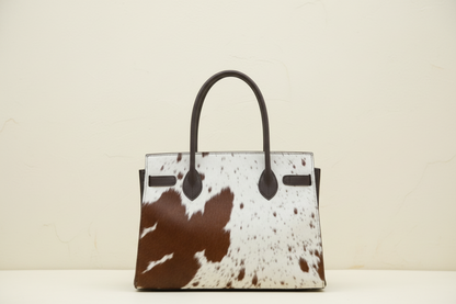 tan cowhide leather women Tote bag with cow print pattern on a white background