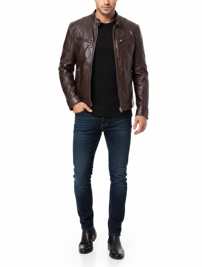 Man wearing a brown leather jacket, black shirt, and jeans on a white background