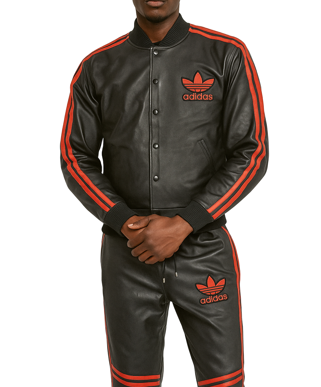 Person wearing a black Adidas tracksuit with red stripes on a gray background