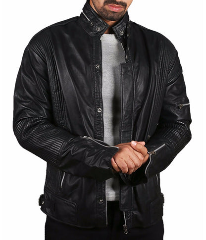 Man wearing a black leather jacket on a white background