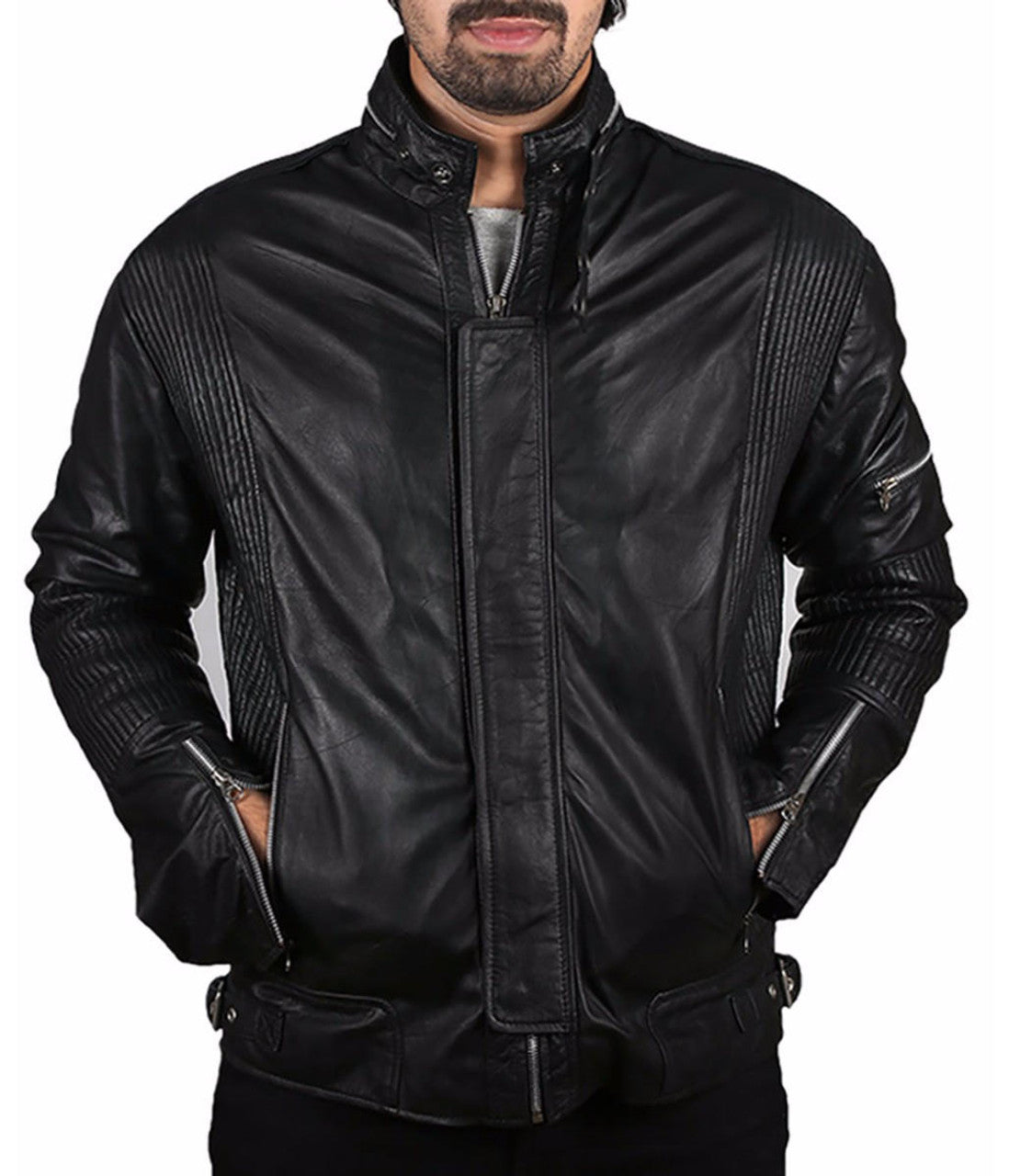 Black leather jacket worn by a person on a white background
