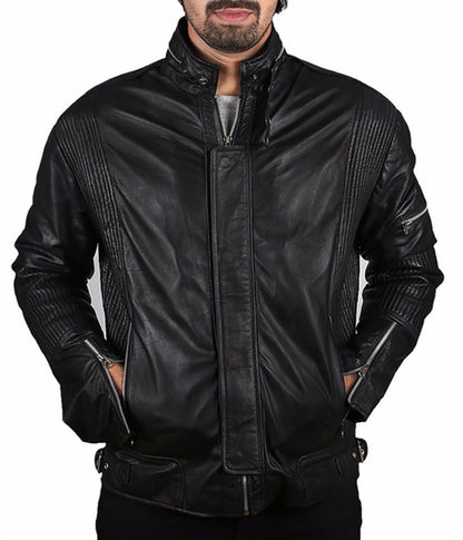 Black leather jacket worn by a person on a white background