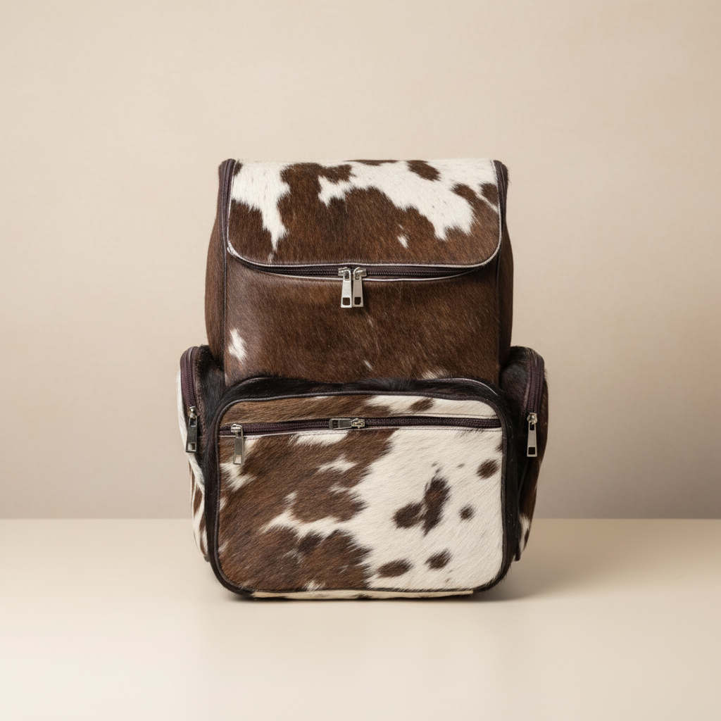 Backpack with brown and white cowhide pattern on a beige background