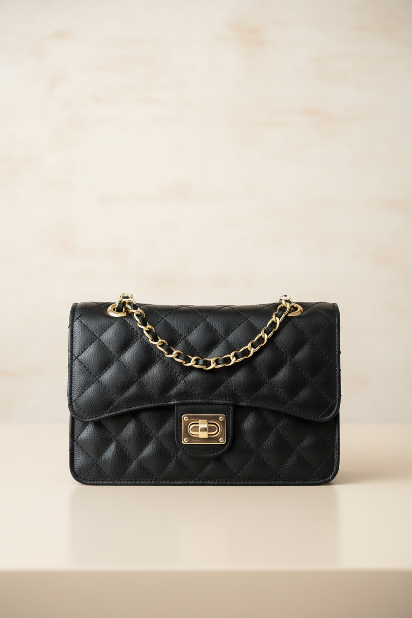 Black quilted handbag with gold chain and clasp on a beige background