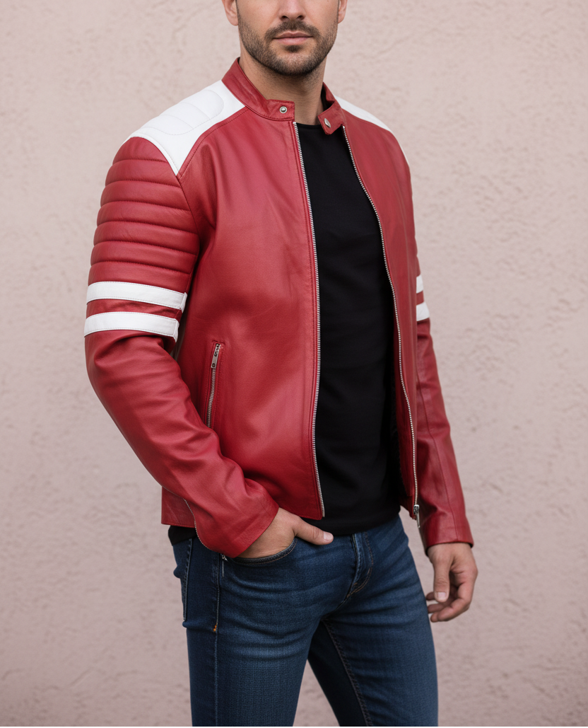 Man wearing a red leather jacket with white stripes on a light maroon background