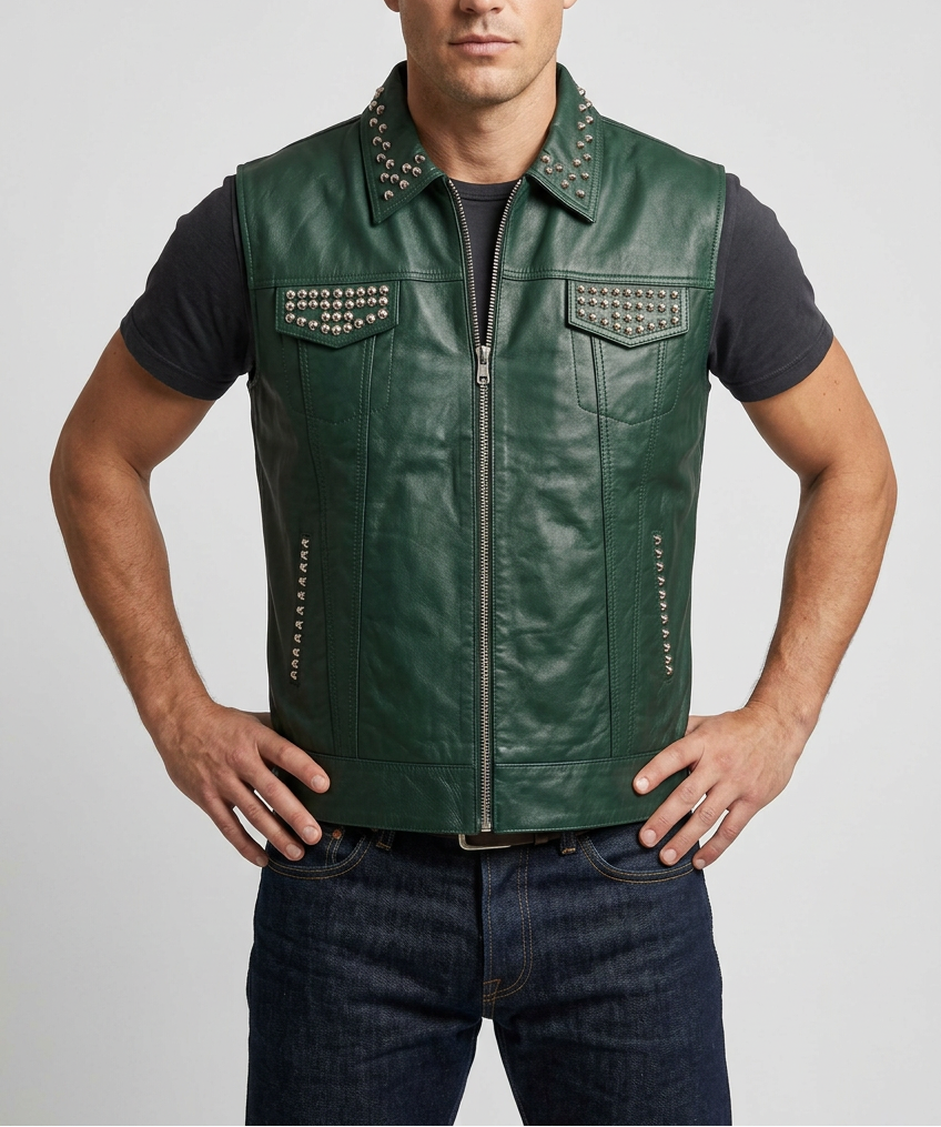 man wearing a green leather biker vest with studs, standing against a plain wall
