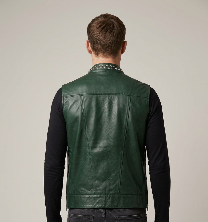 man's back wearing studded collar leather vest 