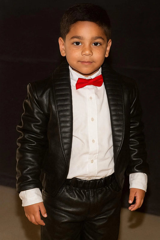 Kids' black sheepskin leather Michael Jackson Billie Jean jacket and pants set front view