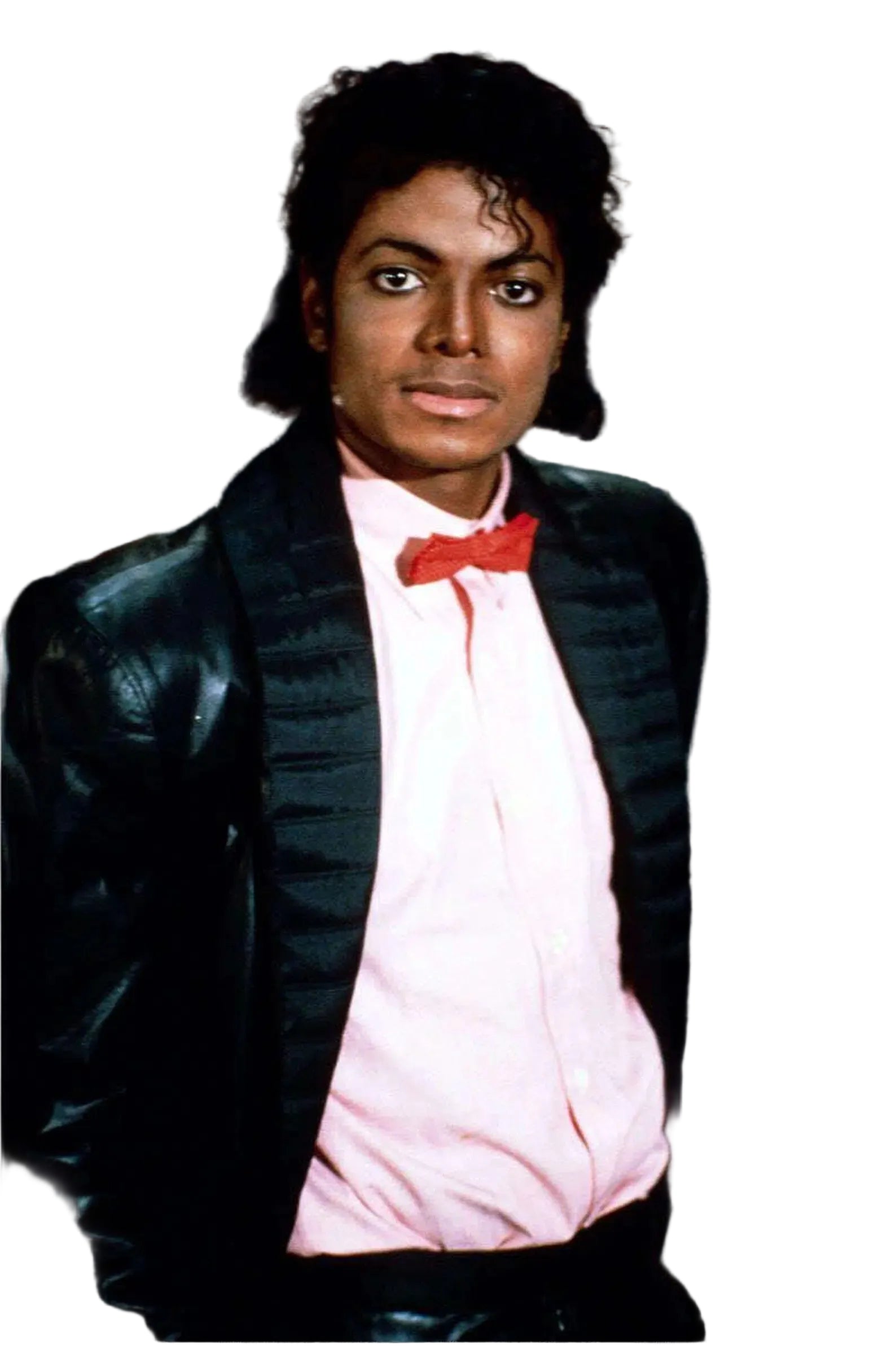Man wearing a black leather Michael Jackson Billie jean Jacket over a light pink shirt with red bow on a white background