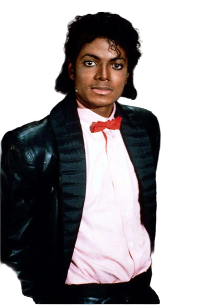 Man wearing a black leather Michael Jackson Billie jean Jacket over a light pink shirt with red bow on a white background