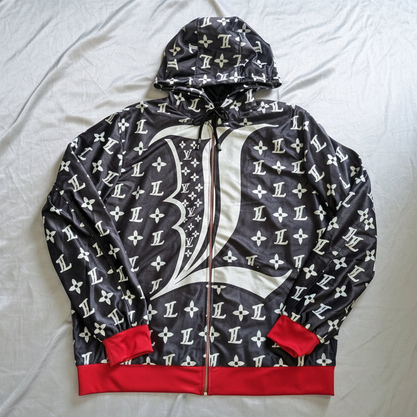 Gray Hoodie with LV logo pattern on a white surface
