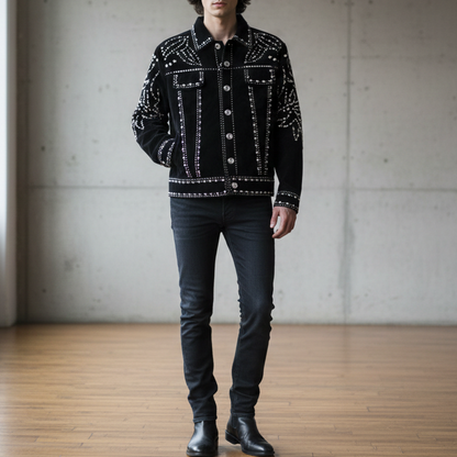 men wearing a black vegan suede studded luxury jacket , standing in a minimalist room 