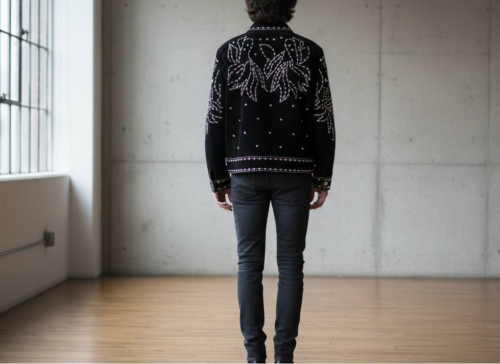 Person wearing a black suede studded luxury jacket in a minimalistic room with concrete wall and wooden floor.