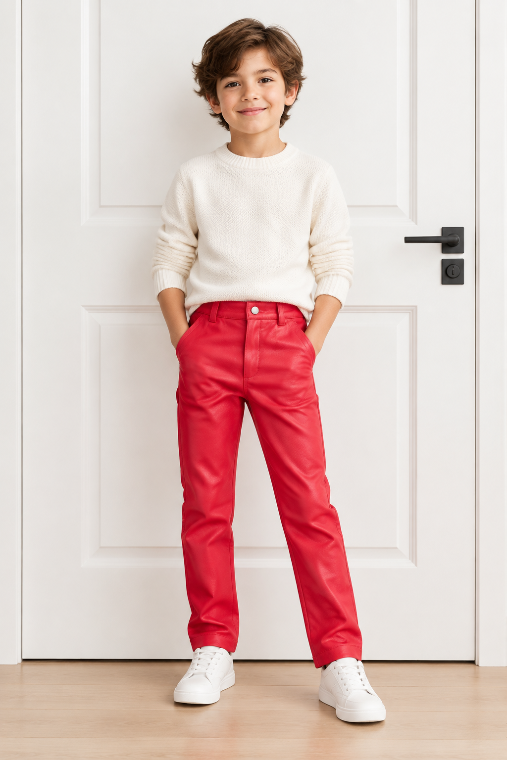 kid wearing a white t shirt with a premium red leather pants , standing aggainst a white door