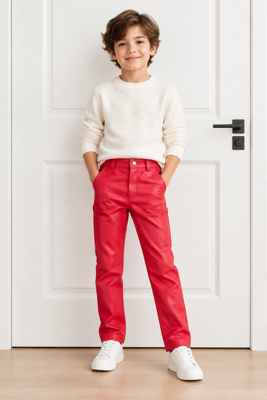 kid wearing a white t shirt with a premium red leather pants , standing aggainst a white door