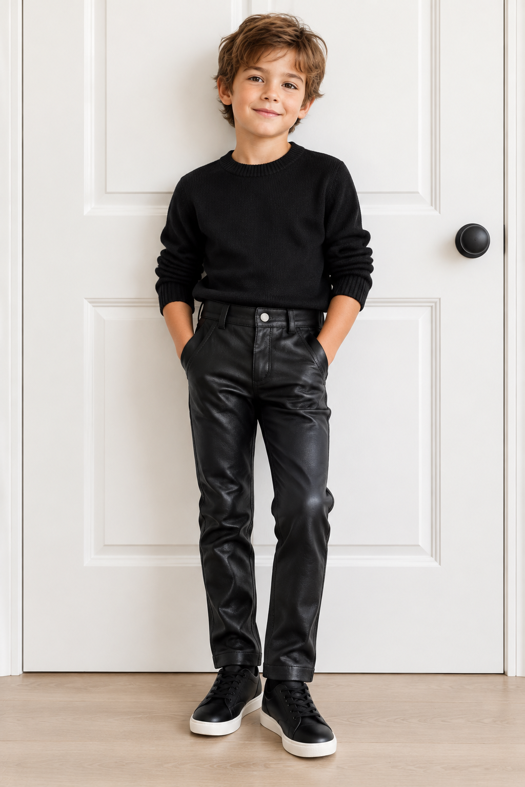 a kid wearing a black premium real leather pants, standing against a white door
