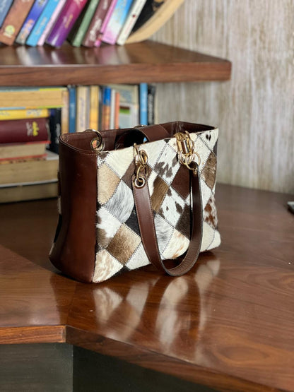 leather tote bag custom tote bags cowhide patchwork tote bag shoulder bag for women office tote bag work bag simple and stylish totes brown tote bag