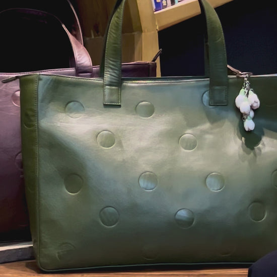 2 leather tote bags, oliver green and brown  with debosses dots attern